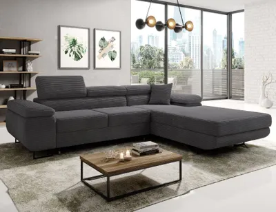 Produktbild von Easy4You Ecksofa NORBERG Kord L-Form Graphite – 279x72x205 cm - Schlafsofa mit Bettkasten und Schlaffunktion - Eckcouch mit Stauraum – Rechts – Stoff Kord POSO 34