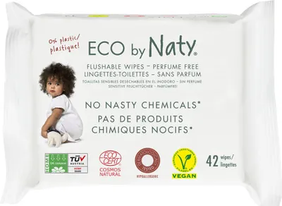 Produktbild von ECO Wet Flushable Wipes mit Toilettenpapierfunktion Naty unparfümiert (42 Stück)