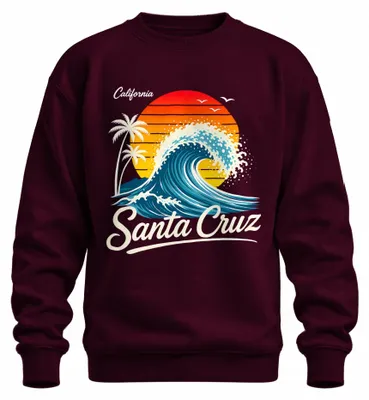 Imagen del producto de Sudadera con cuello redondo, estilo retro, con motivos de olas, atardecer y surf, diseño "Santa Cruz, California", color burdeos, talla XL