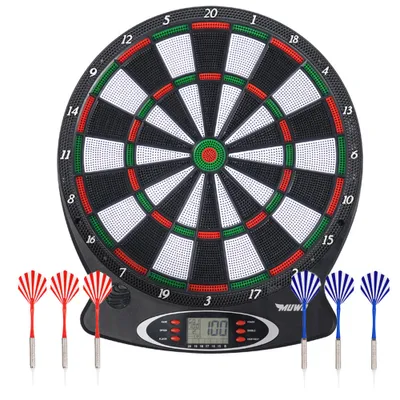 Produktbild von MUWO elektronische Dartscheibe mit LCD-Display, 18 Spielen, 6 Softdartpfeilen, Soundeffekten, für bis zu 8 Spieler, inkl. Zubehör schwarz | MW-350