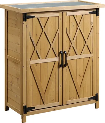 Produktbild von Outsunny Holz-Außenschrank, 0,24 m², 75 x 40 x 90 cm, Gartenhaus mit 2 Türen, 4 Einlegeböden und verzinktem Dach zur Werkzeugaufbewahrung, Natur