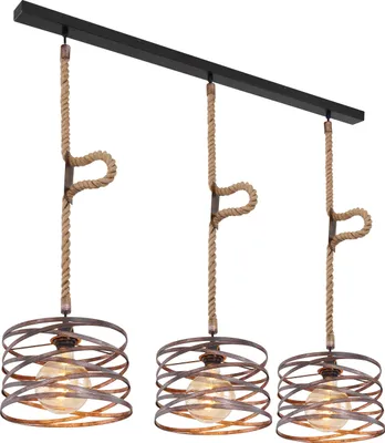 A three-light pendant chandelier with rope accents and metal cage shades.