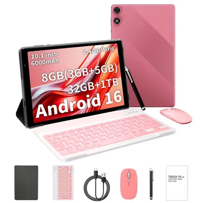 Produktbild von PRITOM Android 16 Tablet 10,1" HD IPS Display 32GB+1TB erweiterbar Touchscreen Tablet PC, 8GB RAM (3+5GB virtuell) 32GB, 6000mAh Akku WiFi 6, Rosa