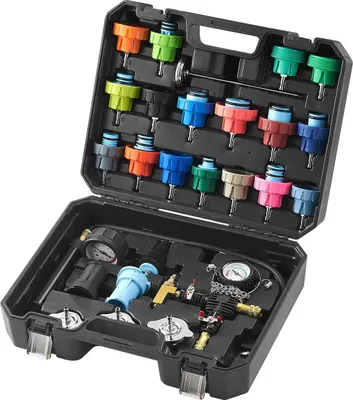 Produktbild von 28-teiliges Universal-Kühlerdruckprüfsatz, Kühlmitteldruckprüfsatz mit Handpumpe und farbcodierten Prüfkappen, Kühlmittel-Vakuum-Nachfüllsatz für Kühlsysteme von PKWs, Motorrädern und LKWs