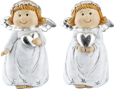 Produktbild von Gilde Figur, Engel, "Emma", Herzmotiv, Poly, grau, silberfarben, VE 4, 2 Stück wie abgebildet, L. 10 cm, B. 12 cm, H. 17 cm 55094