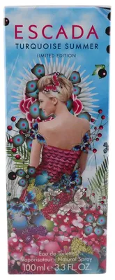 Verpackung des Eau de Toilette Escada Turquoise Summer, 100 ml, mit fantasievoller Illustration und lebendigem Design.