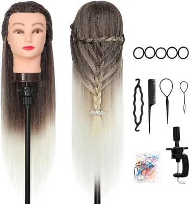 Imagen del producto de Cabeza de entrenamiento para peluqueros - Cabello real - Cabeza de práctica con cabello humano