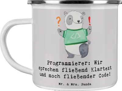 Produktbild von Mr. & Mrs. Panda Emaille Becher Programmierer Codeflüsterer - Grau Pastell - Geschenk, Geschenke für, Entwickler, Software, Tasse, Computersprache, Emailletasse, Beruf