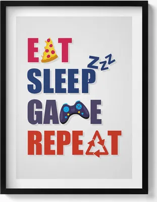 Produktbild von Beschriftung für einen Gamer „Eat sleep game repeat“– Wandbild mit Rahmen – Gerahmtes Bild  – Wanddekoration – 60x80 cm –  Schwarz Rahmen