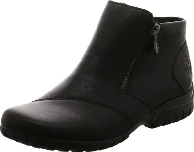 A black leather ankle boot with a side zipper, shown from a side angle against a white background.