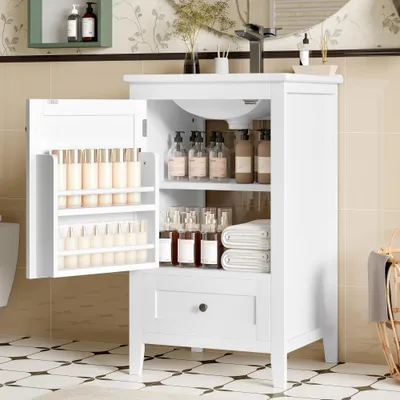 Produktbild von Badezimmerschrank mit Keramikwaschbecken, Volllackierung, Türablage, geräuschloser Schublade & verstellbarem Regal, freistehender Waschtischschrank ,Weiß, 51x46x85 cm