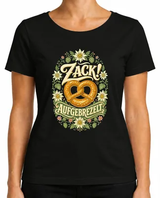 Produktbild von Zack! Aufgebrezelt Brezel Edelweiß Tracht Trachtenshirt Lederhose Damen T-Shirt, Schwarz, L