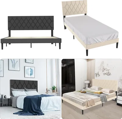 Produktbild von LARS360 140 x 200 cm Leder Plattformbett mit gepolstertem Kopfteil, Bettgestell für Doppelbett in Beigegelb, robustes und komfortables Design für Schlafzimmer