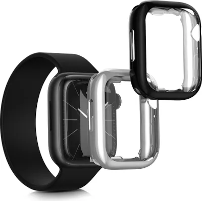Produktbild von kwmobile 2x Schutzhülle kompatibel mit Apple 45mm Watch 9 / Watch 8 / Watch 7 (45mm) Hülle - Fullbody Cover Set aus Silikon - Schwarz Silber