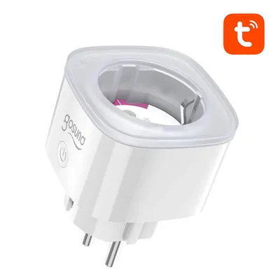 A white smart plug with a transparent top and a logo in the upper right corner.