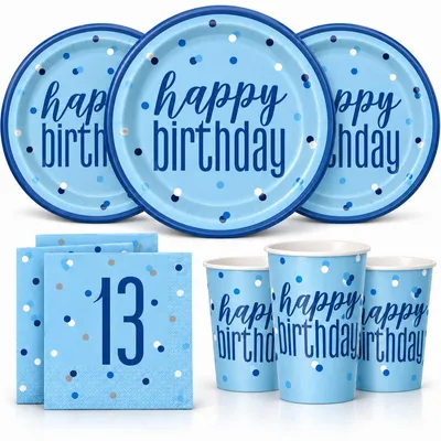 Produktbild von 13. Geburtstag Partyset Einweggeschirr hellblau blau 48 tlg. Partygeschirr Teller Becher Servietten