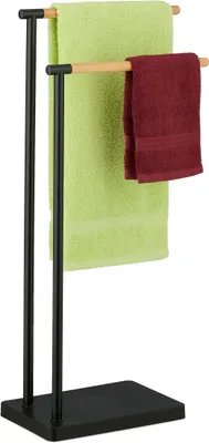 Produktbild von Relaxdays Handtuchhalter stehend, Handtuchständer mit 2 Stangen, für Hand- & Badetücher, Edelstahl, Bambus, schwarz