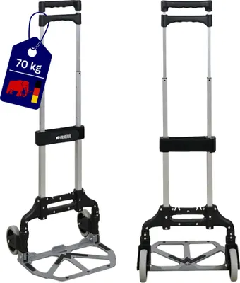 Produktbild von Klappbare Profi-Alu-Sackkarre ELEPHANT | Traglast 70kg | HxBxT 110x39x42cm | Aluminiumrahmen, ergonomische Griffe, pannensichere Vollgummibereifung | Silber | Transportkarre Staplerkarre