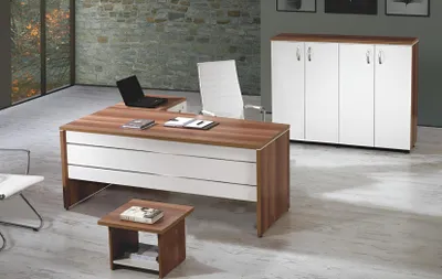 Immagine prodotto di Set di mobili per ufficio 3 pezzi scrivania angolare completa armadio ufficio gruppo legno bianco