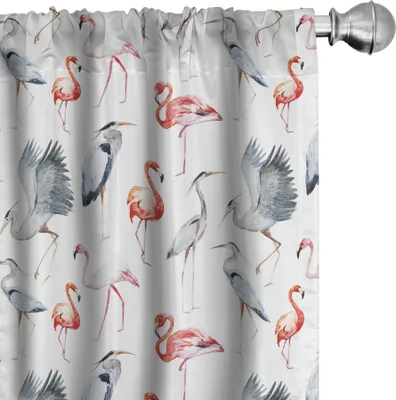 Obrázok produktu pre ABAKUHAUS Flamingo závesy, záclony, volavky a plameniaky s umeleckým akvarelovým vzorom zvierat a prírody, 2 kusy 75 x 245 cm, sivá, vermilionová, biela