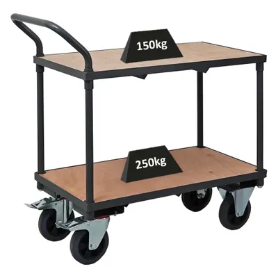 Produktbild von Profi Tischwagen mit 2 Etagen | HxBxT 95x97x50cm | Traglast 400kg | Vollgummibereifung, 2x Lenkrollen mit Feststellbremse & 2x Bockrollen | Grau | Transportwagen Etagenwagen Kommissionierwagen