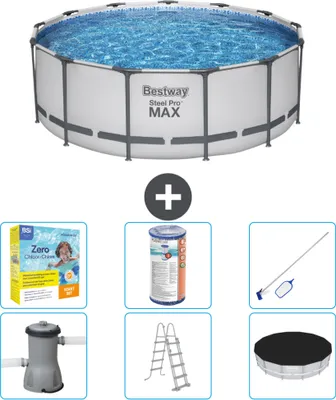 Produktbild von Bestway Round Steel Pro MAX Schwimmbad – 396 x 122 cm – Grau – inklusive Pumpe – Leiter – Abdeckung Wartungspaket - Filter - Reinigungskit