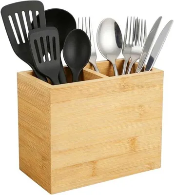 Produktbild von Bambus Küchengerätehalter mit 2 Boxen und Korb - Stall Küchenorganizer zum Kochen Löffel und Besteck - Ideal für Küche, Party