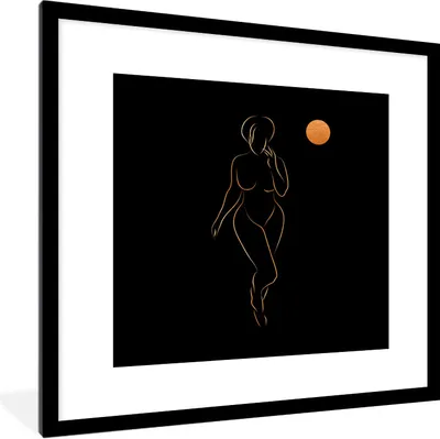 Produktbild von MuchoWow® Gerahmtes Poster Frau - Mond - Gold - Strichzeichnung 40x40 cm - Poster mit Schwarzem Bilderrahmen Wandposter Rahmen Foto Bilder - Poster - Plakat im Rahmen