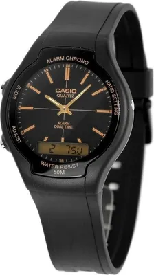 A close-up studio shot of a black Casio watch with a black dial and gold accents.