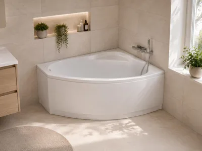 Produktbild von AQUA for you | Badewanne - Polimat Frida - Asymmetrische Eckbadewanne - 150x90 cm - Rechts - Weiß - mit Verkleidung, Siphon, Gestell, Acrylwanne