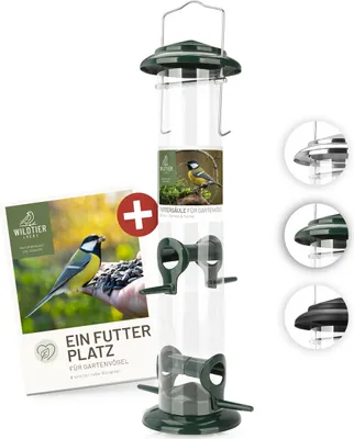 Zdjęcie produktu dla wildtier liebe Körner kolumna karmiąca, karmnik dla ptaków 38cm, zielony - wykonany z metalu odpornego na rdzę I Stacja karmienia ptaków, kolumna karmiąca ptaki, silos na karmę dla dzikich ptaków I Całoroczne dokarmianie ptaków