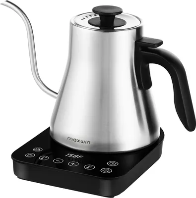 A stainless steel electric gooseneck kettle with a digital display and controls on its base, set against a white background.