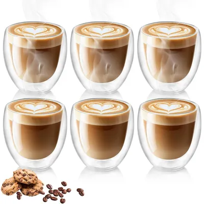 Productafbeelding van Cappuccino bekers, set van 6, 250 ml, dubbelwandig, borosilicaatglas, hittebestendig
