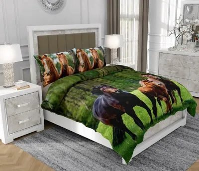 Produktbild von Bettwäsche 200x220 cm + 2x70x80 cm, 3-teilig, 100% Baumwolle, Satin, Reißverschluss, Pferde, Bunt - SOVIO | So.Z0003