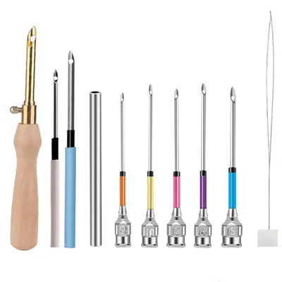 Produktbild von 10 Stück Stanznadel Set Verstellbar Punch-Needle-Werkzeug Holzgriff Stickstift inkl Nadeln Einfädler | Für Erwachsene Anfänger Stickerei Basteln