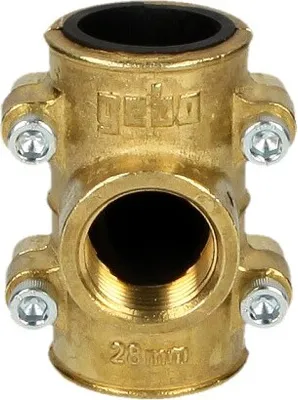 A close-up studio shot of a brass pipe fitting.