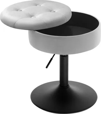 A light gray storage stool with its lid open, revealing a black interior, is shown on a white background.