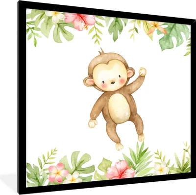 Produktbild von MuchoWow® MuchoWow® Gerahmtes Poster Affe - Aquarell - Dschungel 40x40 cm - Poster mit zchwarzem Bilderrahmen - Mit Rahmen - Wanddekoration Schlafzimmer