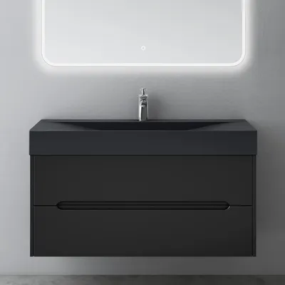 Produktbild von Mai & Mai Badezimmermöbel Waschbeckenunterschrank mit Softclose Schubladen inkl. Mineralguss Waschbecken 100cm in Matt Schwarz Badmöbel-Set Yoga