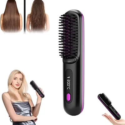 Produktbild von Kabellose Heißluftbürste mit Negativ-Ionen, 3 Temperaturstufen, 35W, Verbrühungsschutz – Tragbarer Haarglätter Bürste für schnelles Styling