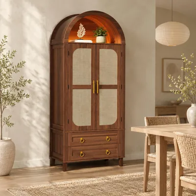 Produktbild von STILVORA Hochschrank mit dimmbarer LED-Beleuchtung, Sideboard mit Rattan-Doppeltür, Kommode mit 2 Schubladen
