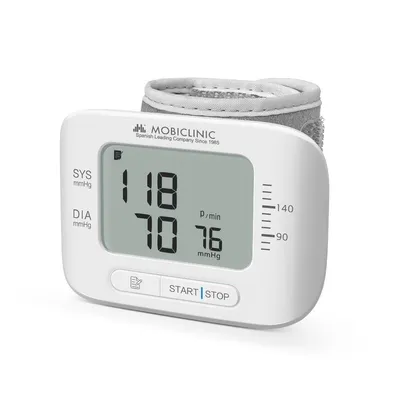 Produktbild von Digitales Handgelenk-Blutdruckmessgerät Mobiclinic Mit Speicher LCD-Display Messbereich: 0–300 mmHg Anzeige des Durchschnittswertes von drei Messungen