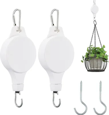 Produktbild von 2er Set Blumenampel Pflanzenrolle Haken, Versenkbarer Aufhänger der Pflanzenrolle, Kann Hoch und Runter Gehoben Werden, Weiß