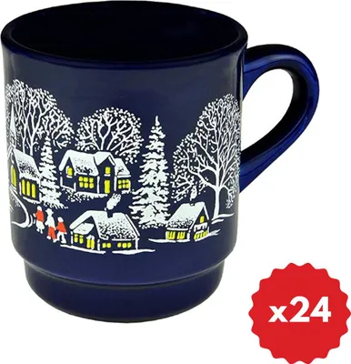 A dark blue mug with a winter village scene printed on it, set against a white background. A red circular overlay with 'x24' is in the bottom right corner.