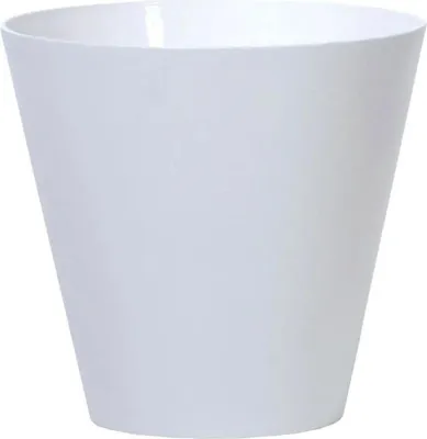 A white conical planter pot is shown against a white background.