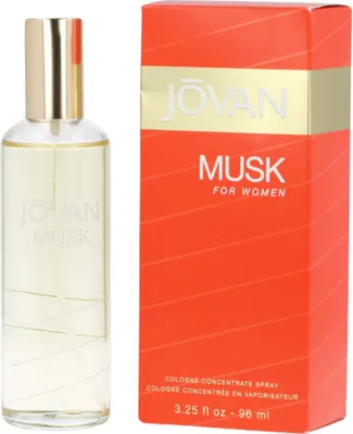 A bottle of Jovan Musk for Women cologne and its packaging are displayed side-by-side against a white background.