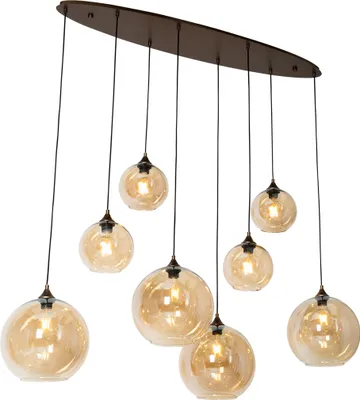 Produktbild von QAZQA - Art Deco Art-Deco-Hängelampe I Pendellampe I Pendelleuchte aus dunkler Bronze mit bernsteinfarbenem Glas, oval, 8-flammig – Sandra I Wohnzimmer I Schlafzimmer - Oval - LED geeignet E27