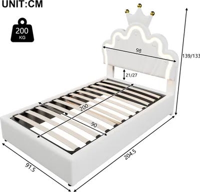Immagine prodotto di Letto per bambini Abrihome 90x200 cm letto da principessa con illuminazione a LED, letto imbottito con testata a forma di , bianco