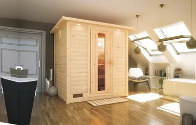 Produktbild von Karibu Sauna Innensauna Mojave Fronteinstieg Ofen 9 kW integr. Strg  196x195x200 cm ohne Dachkranz mit Energiespartür