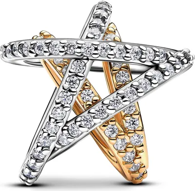 A close-up studio shot of a star-shaped ring with interlocking bands.